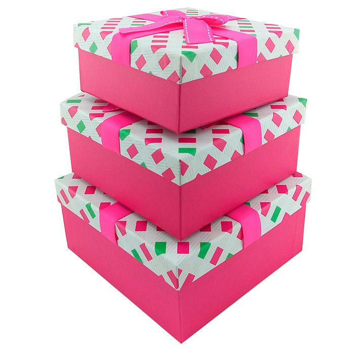 Набор коробок 3 в 1 "Монохром" фуксия с бантом /квадрат